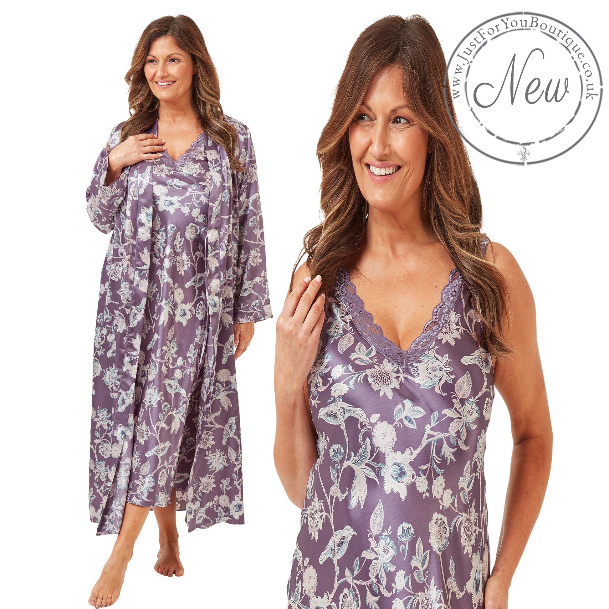 lilac purple floral silky shiny satin and lace matching wide strap nightdress and dressing gown robe set which is full length in UK plus sizes 18, 20, 22, 24, 26, 28