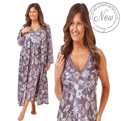 lilac purple floral silky shiny satin and lace matching wide strap nightdress and dressing gown robe set which is full length in UK plus sizes 18, 20, 22, 24, 26, 28