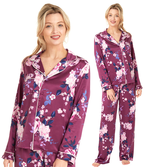 Plum purple floral mat satin pjs set consisting of a shirt style top with a collar, top pocket and button up front with matching full length trousers with an elasticated waist band in UK plus size 14, 16, 18, 20, 22, 24, 26, 28
