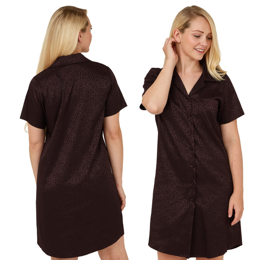 ladies satin jacquard animal print nightshirt with a button front, collar, top pocket, short sleeve and shirt style hem in a purple burgundy colour in UK size 16, 18, 20, 22, 24, 26