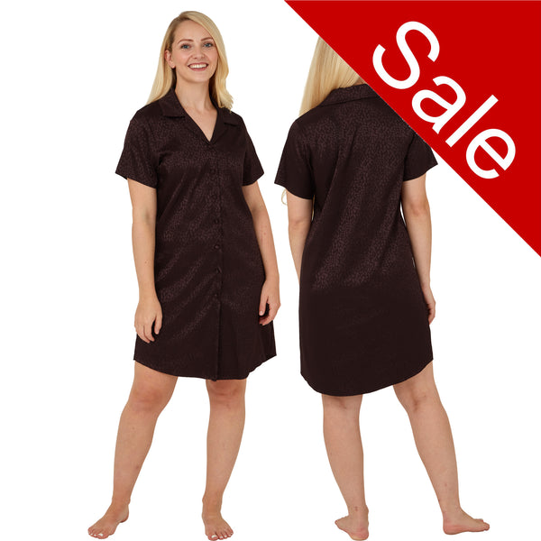 ladies satin jacquard animal print nightshirt with a button front, collar, top pocket, short sleeve and shirt style hem in a purple burgundy colour in UK sizes 24, 26