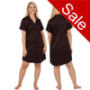 ladies satin jacquard animal print nightshirt with a button front, collar, top pocket, short sleeve and shirt style hem in a purple burgundy colour in UK sizes 24, 26