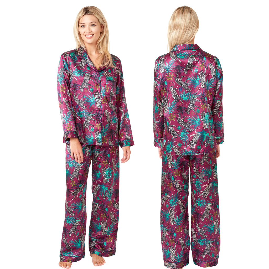 tribal tropical palm floral animal print style with a purple background in a shiny silky satin PJs Pyjamas set which are full length in UK sizes 14, 16, 18, 20,