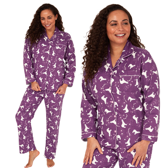 ladies purple poler bear brushed cotton winter pyjamas pjs set with a shirt style which has a button front, collar and long sleeves and full length trousers in UK sizes 10, 12, 14, 16, 18, 20