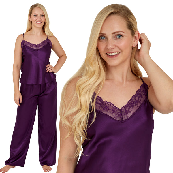 plain purple shiny silky satin pjs set which comes with a cami top with adjustable straps and lace trim. The trousers are full length with an elasticated waist band in UK plus sizes 12, 14, 16, 18, 20, 22, 24, 26, 28, 30, 32,