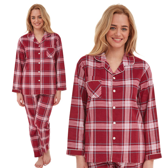 ladies red background with an ivory check tartan print brushed cotton winter pyjamas pjs set with a shirt style which has a button front, collar and long sleeves and full length trousers in UK sizes 8, 10, 12, 14, 16, 18, 20