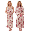 Gold with red floral silky shiny satin and lace matching wide strap nightdress and dressing gown robe set which is full length in UK plus sizes 26, 28