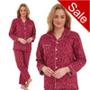 ladies red background with a heart print brushed cotton winter pyjamas pjs set with a shirt style which has a button front, collar and long sleeves and full length trousers in UK sizes 8, 10, 12, 14, 16, 18, 20