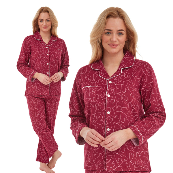 ladies red background with a heart print brushed cotton winter pyjamas pjs set with a shirt style which has a button front, collar and long sleeves and full length trousers in UK sizes 8, 10, 12, 14, 16, 18, 20