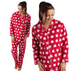 ladies red background with a hedgehog print brushed cotton winter pyjamas pjs set with a shirt style which has a button front, collar and long sleeves and full length trousers in UK sizes 10, 12,
