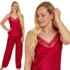 plain red shiny silky satin pjs set which comes with a cami top with adjustable straps and lace trim. The trousers are full length with an elasticated waist band in UK plus sizes 12, 14, 16, 18, 20, 22, 24, 26, 28, 30, 32,