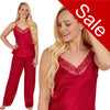 plain red shiny silky satin pjs set which comes with a cami top with adjustable straps and lace trim. The trousers are full length with an elasticated waist band in UK sizes 12, 14, 16, 18,