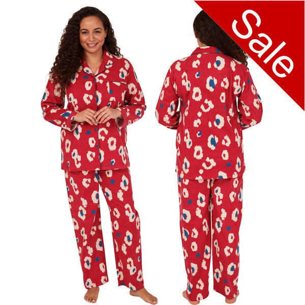ladies red background with a large spot print brushed cotton winter pyjamas pjs set with a shirt style which has a button front, collar and long sleeves and full length trousers in UK sizes 10, 12, 14, 16, 18, 20