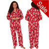 ladies red background with a large spot print brushed cotton winter pyjamas pjs set with a shirt style which has a button front, collar and long sleeves and full length trousers in UK sizes 10, 12, 14, 16, 18, 20