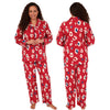 ladies red background with a large spot print brushed cotton winter pyjamas pjs set with a shirt style which has a button front, collar and long sleeves and full length trousers in UK sizes 10, 12, 14, 16, 18, 20