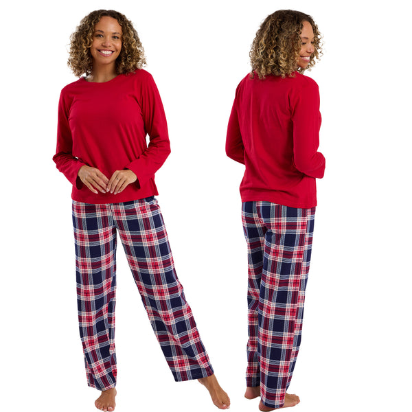 Buy ladies pyjama pjs set with a navy blue check tartan plaid with brushed cotton winceyette, flannel, flannelette, wincey trousers with a red long sleeve t shirt in UK sizes 10-12, 14-16. Same day dispatch, fast UK delivery!