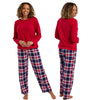Buy ladies pyjama pjs set with a navy blue check tartan plaid with brushed cotton winceyette, flannel, flannelette, wincey trousers with a red long sleeve t shirt in UK sizes 10-12, 14-16. Same day dispatch, fast UK delivery!