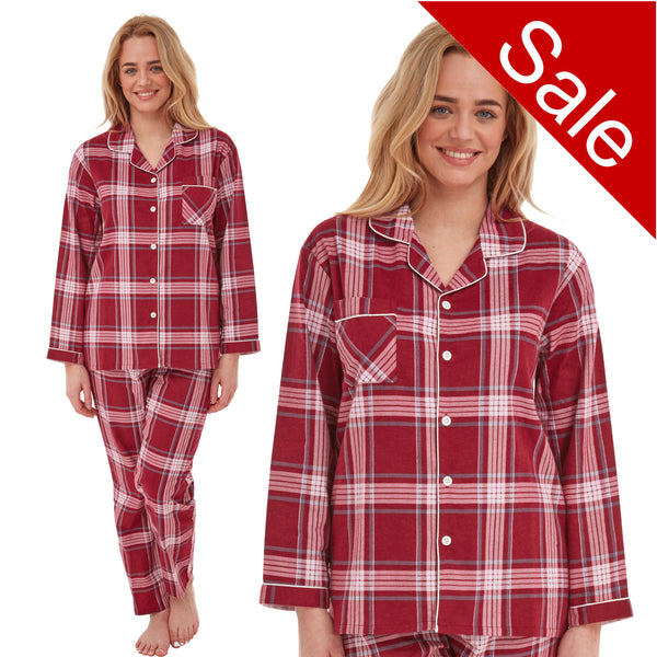 ladies red background with an ivory check tartan print brushed cotton winter pyjamas pjs set with a shirt style which has a button front, collar and long sleeves and full length trousers in UK sizes 8, 10, 12, 18, 20