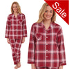 ladies red background with an ivory check tartan print brushed cotton winter pyjamas pjs set with a shirt style which has a button front, collar and long sleeves and full length trousers in UK sizes 8, 10, 12, 18, 20