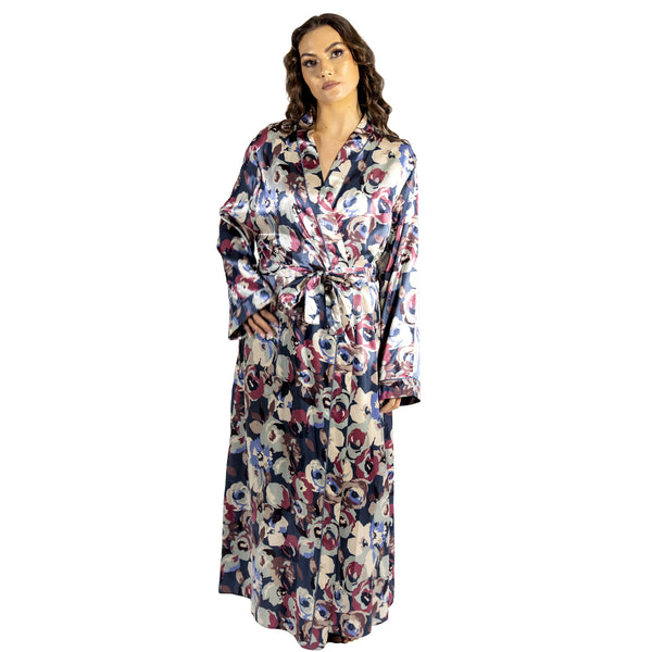 ladies blue floral silky shiny satin abstract floral full length dressing gown, bathrobe, wrap, kimono with full length sleeves in UK plus sizes 18, 20, 22, 24, 26, 28