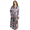 ladies blue floral silky shiny satin abstract floral full length dressing gown, bathrobe, wrap, kimono with full length sleeves in UK plus sizes 18, 20, 22, 24, 26, 28