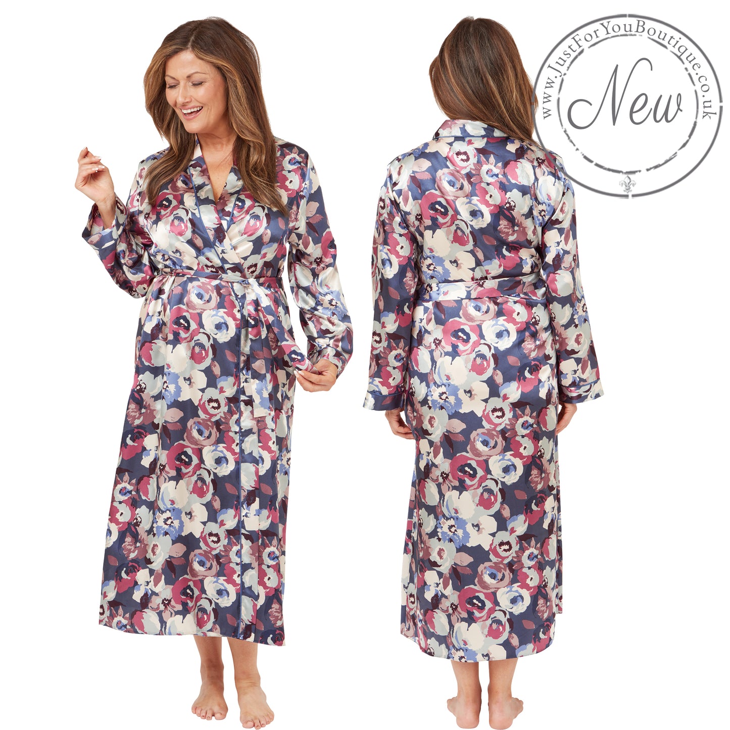 ladies blue floral silky shiny satin abstract floral full length dressing gown, bathrobe, wrap, kimono with full length sleeves in UK plus sizes 14, 16, 18, 20, 22, 24, 26, 28