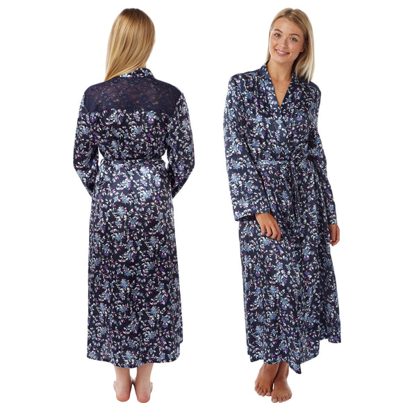 ladies navy blue ditsy floral silky shiny satin and lace full length dressing gown, bathrobe, wrap, kimono with full length sleeves in UK sizes 10, 12