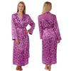 ladies fuchsia pink ditsey floral print silky shiny satin and lace full length dressing gown, bathrobe, wrap, kimono with full length sleeves in UK sizes 10, 12,