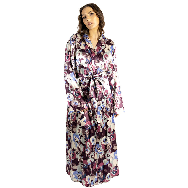 ladies mulberry purple floral silky shiny satin abstract floral full length dressing gown, bathrobe, wrap, kimono with full length sleeves in UK plus sizes 14, 16, 18, 20, 22, 24, 26, 28
