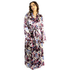 ladies mulberry purple floral silky shiny satin abstract floral full length dressing gown, bathrobe, wrap, kimono with full length sleeves in UK plus sizes 14, 16, 18, 20, 22, 24, 26, 28