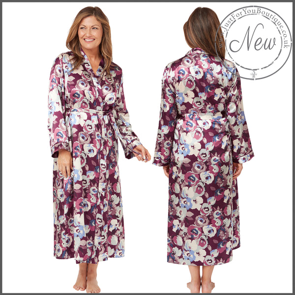 ladies mulberry purple floral silky shiny satin abstract floral full length dressing gown, bathrobe, wrap, kimono with full length sleeves in UK plus sizes 14, 16, 18, 20, 22, 24, 26, 28
