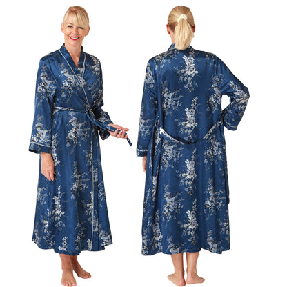 ladies navy blue floral silky shiny satin oriental style full length dressing gown, bathrobe, wrap, kimono with full length sleeves in UK plus sizes 14, 16, 18, 20, 22, 24, 26, 28