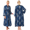 ladies navy blue floral silky shiny satin oriental style full length dressing gown, bathrobe, wrap, kimono with full length sleeves in UK plus sizes 14, 16, 18, 20, 22, 24, 26, 28