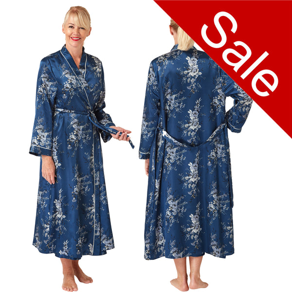 ladies navy teal blue floral silky shiny satin oriental style full length dressing gown, bathrobe, wrap, kimono with full length sleeves in UK size 14, 16