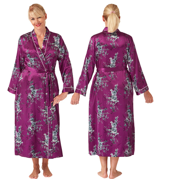 ladies fuchsia pink floral silky shiny satin oriental style full length dressing gown, bathrobe, wrap, kimono with full length sleeves in UK plus sizes 10, 12, 14, 16, 18, 20, 22, 24, 26, 28