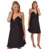 plain black satin chemise nightie which is knee length with adjustable straps and a vee neck detail in UK sizes 8, 10, 12, 14, 16