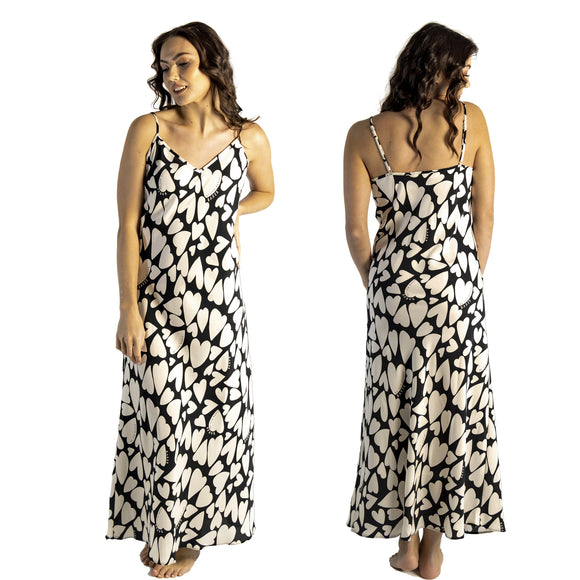 long full length mat satin chemise nightdress with string adjustable straps in a black and whte heart print pattern in UK plus sizes 20, 22, 24, 26, 28, 30, 32, 34, 36, 38