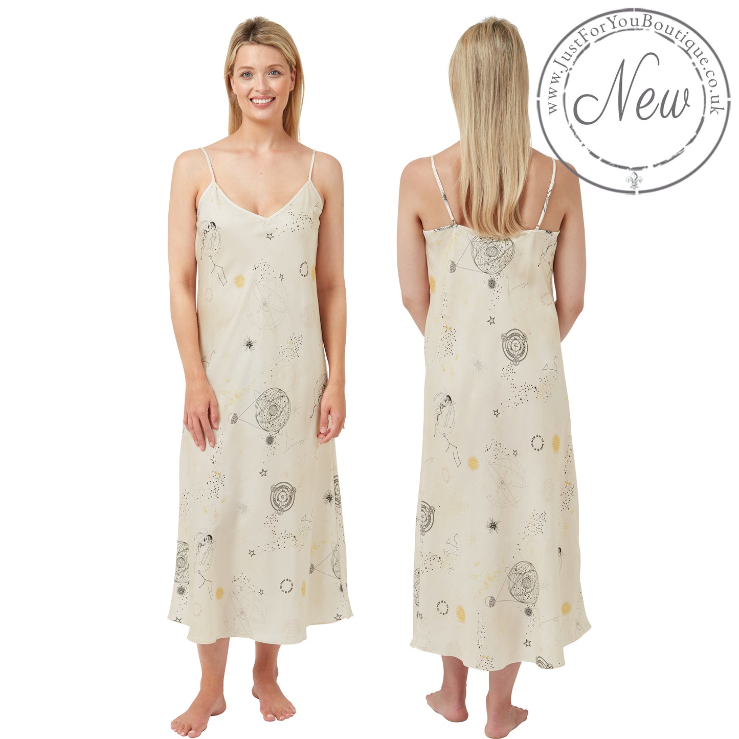 long full length mat satin chemise nightdress with string adjustable straps in a cream background with a travel theme pattern in UK plus sizes 16, 18, 20, 22, 24, 26,