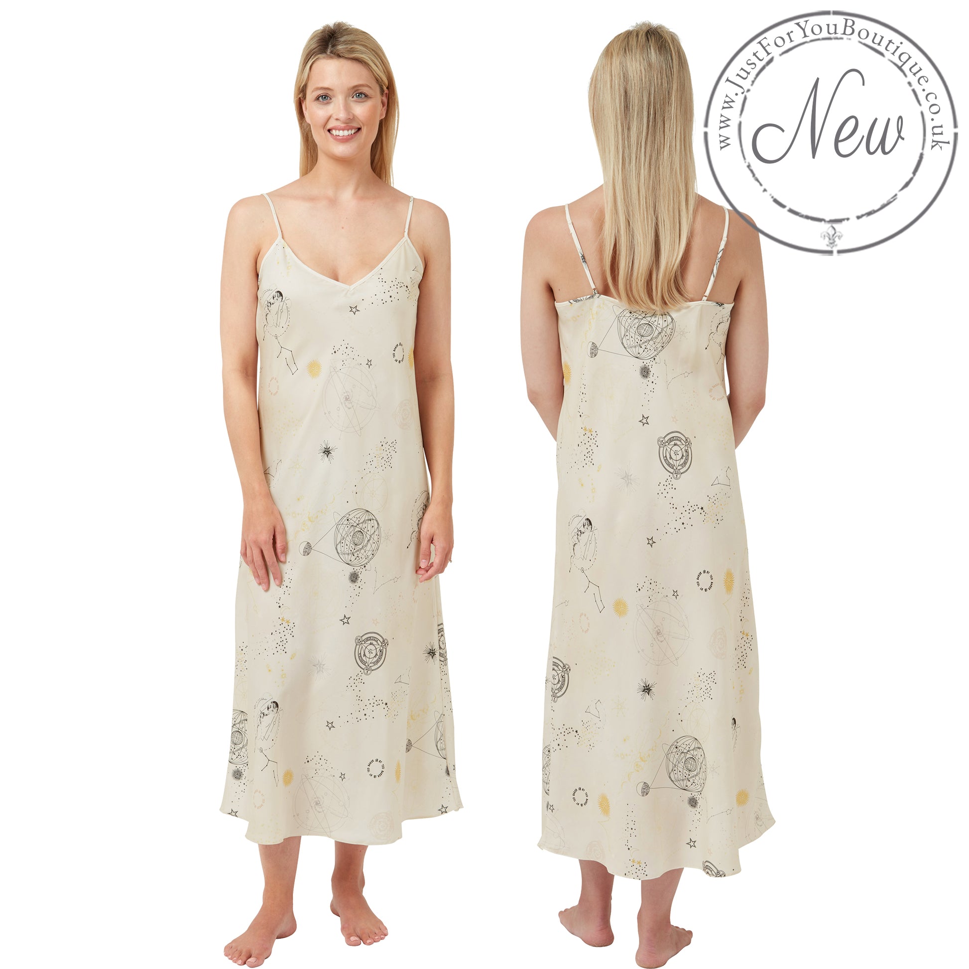 long full length mat satin chemise nightdress with string adjustable straps in a cream background with a travel theme pattern in UK plus sizes 16, 18, 20, 22, 24, 26,