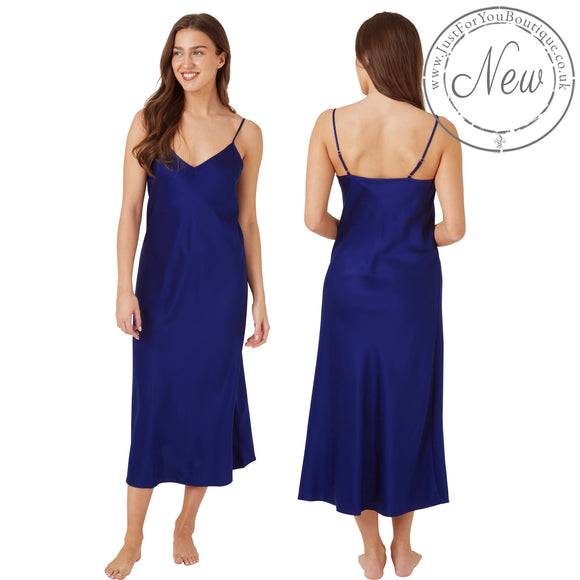 long full length mat satin chemise nightdress with string adjustable straps in a plain bright electric blue in UK plus sizes 16, 18, 20, 22, 24, 26,