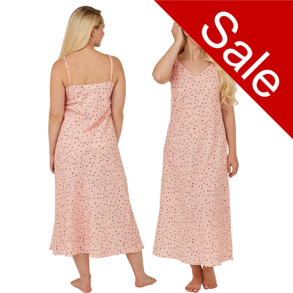 Long full length polka dot spot long chemise, nightdress with string adjustable straps in peachy pink in UK plus sizes 12, 14, 16, 18, 20, 22, 24, 26, 28, 30, 32, 34
