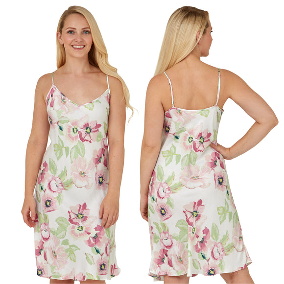 pink poppy fresh floral chemise nightie which is knee length with adjustable straps and a vee neck detail in UK plus sizes 12, 14, 16, 18, 20, 22, 24, 26, 28, 30, 32, 34