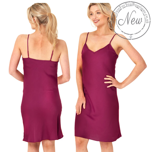 plain plum purple mat satin chemise nightie which is knee length with adjustable straps and a vee neck detail in UK plus sizes 16, 18, 20, 22, 24, 26, 28