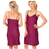 plain plum purple mat satin chemise nightie which is knee length with adjustable straps and a vee neck detail in UK plus sizes 16, 18, 20, 22, 24, 26, 28