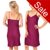 Plain plum purple mat satin chemise nightie which is knee length with adjustable straps and a vee neck detail in UK plus sizes 16, 18, 20, 22, 24, 26, 