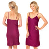 plain plum purple mat satin chemise nightie which is knee length with adjustable straps and a vee neck detail in UK plus sizes 16, 18, 20, 22, 24, 26, 