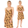 tribal style mustard background with a large Lemur print mat satin chemise nightie which is knee length with adjustable straps and a vee neck detail in UK plus sizes 12, 14, 16, 18, 20, 22, 24, 26, 28, 30, 32, 34, 36, 38