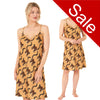 tribal style mustard background with a large Lemur print mat satin chemise nightie which is knee length with adjustable straps and a vee neck detail in UK plus sizes 12, 14, 16, 18, 20, 22, 24, 26, 28, 30, 32, 34, 36, 38