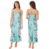 long full length mat satin chemise nightdress with string adjustable straps in summer bloom floral aqua turquoise in UK plus sizes 8, 10, 12, 14, 16, 18, 20, 22, 24, 26