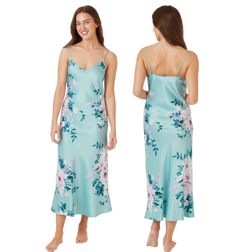 long full length mat satin chemise nightdress with string adjustable straps in summer bloom floral aqua turquoise in UK plus sizes 8, 10, 12, 14, 16, 18, 20, 22, 24, 26